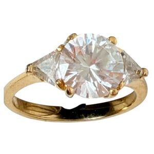 Gold Tone Three Stone Round and Trillion Cut Clear Stone Ring Size 8